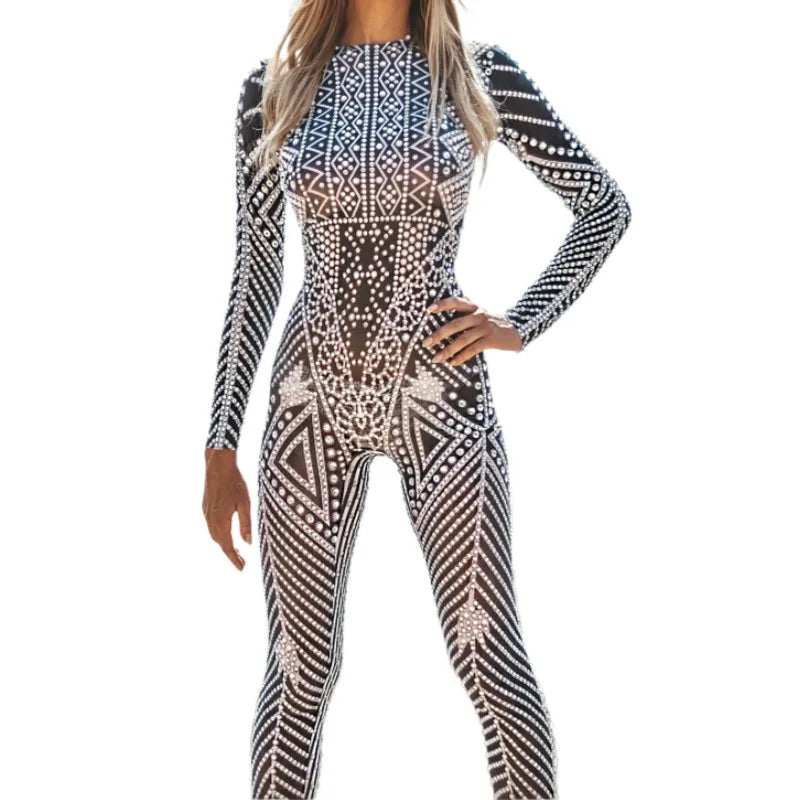 Rhinestone Pearls Pole Dance Leotard Party Club Transparent Bodysuit Plus Size Women One Piece Bodycon Jumpsuits