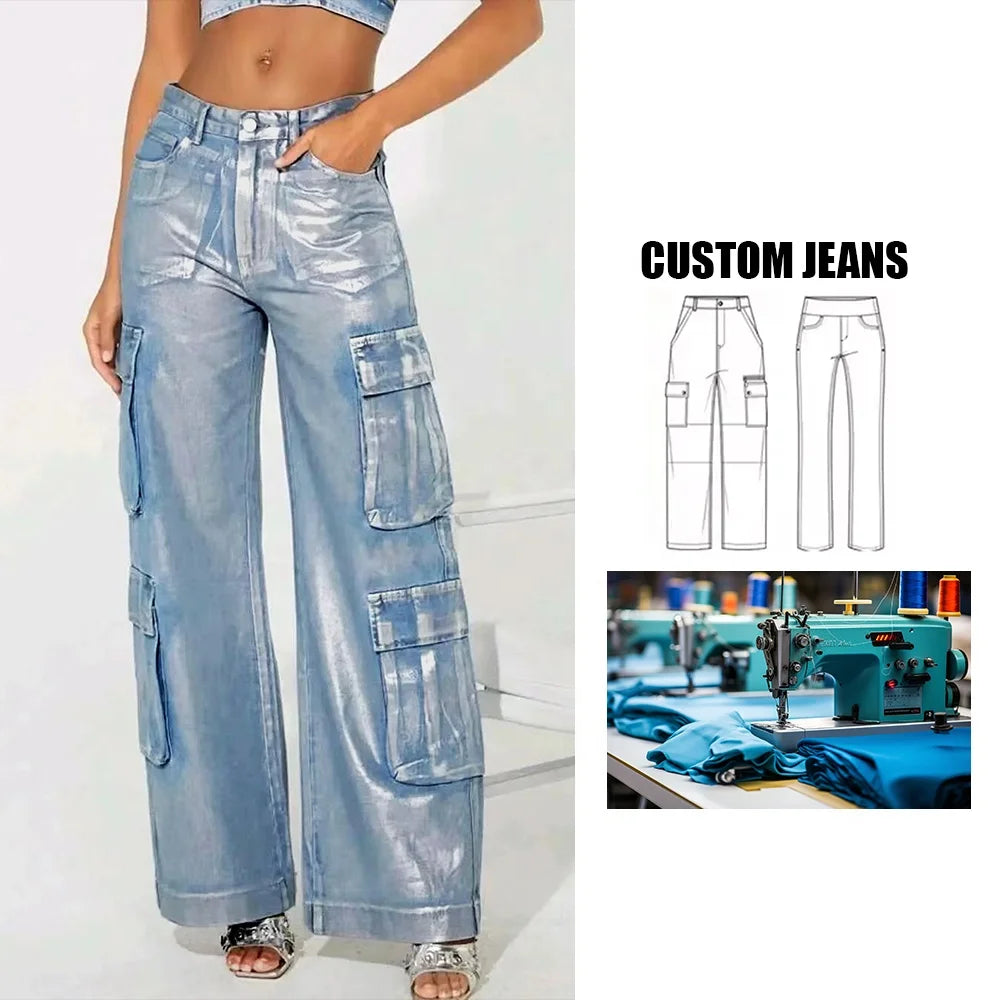 Brand OEM Women's Stretch Denim Cargo Pants High Waist Baggy Jeans Big Pockets Streetwear Hip Hop Trousers Y2K Style Jeans
