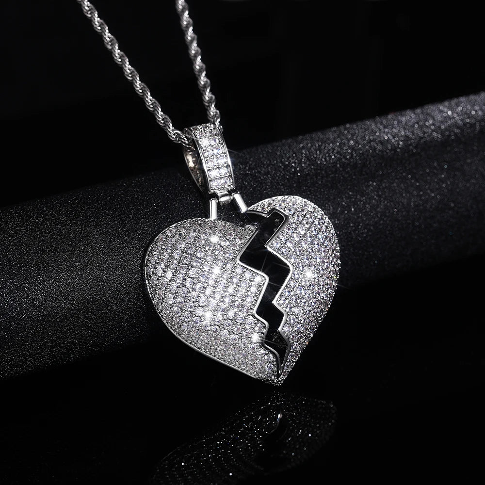 CAOSHI Hip Hop Twist Chain Silver Plated Necklace Punk Full Iced Out Zircon Diamond Broken Heart Pendant CZ Necklaces for Men
