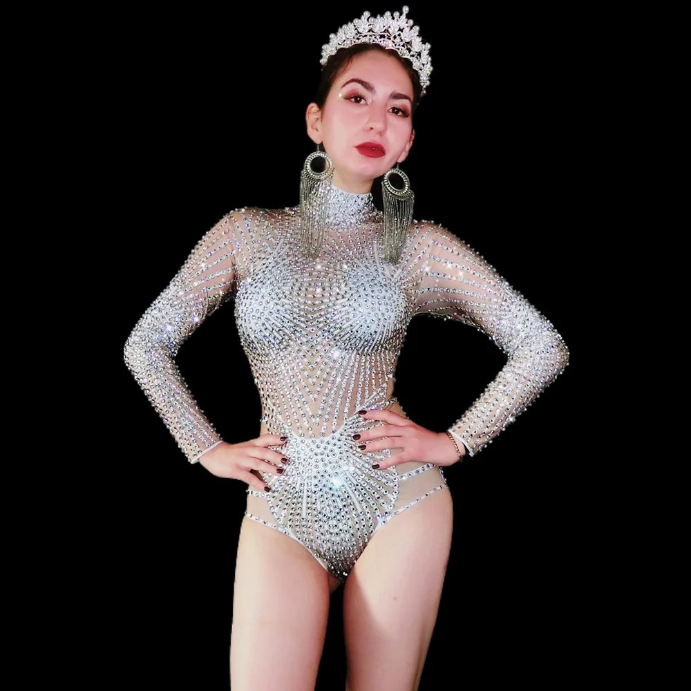 Mono Mujer Sexy One Piece Short Jumpsuit Fashion Bodycon Club Leotard Women Stage Performance Show Costume Rhinestone Bodysuits