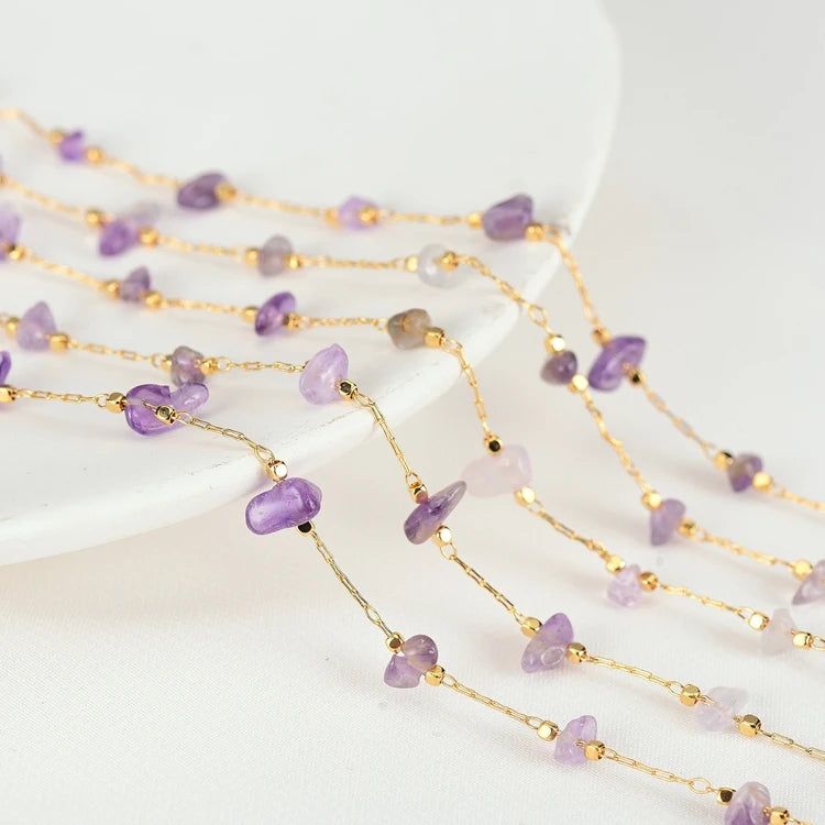 Factory Wholesale 14K Gold Plated Brass Irregular Gem Stone Wrapped Natural Stones Purple and Pink Crystal Handmade Chains