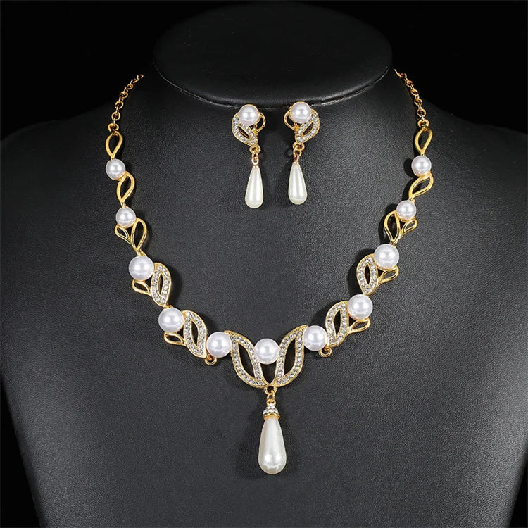Wholesale Fashion Elegant Water Drop Leaf Crystal Pearl Bridal Wedding Necklaces Earrings Jewelry Sets