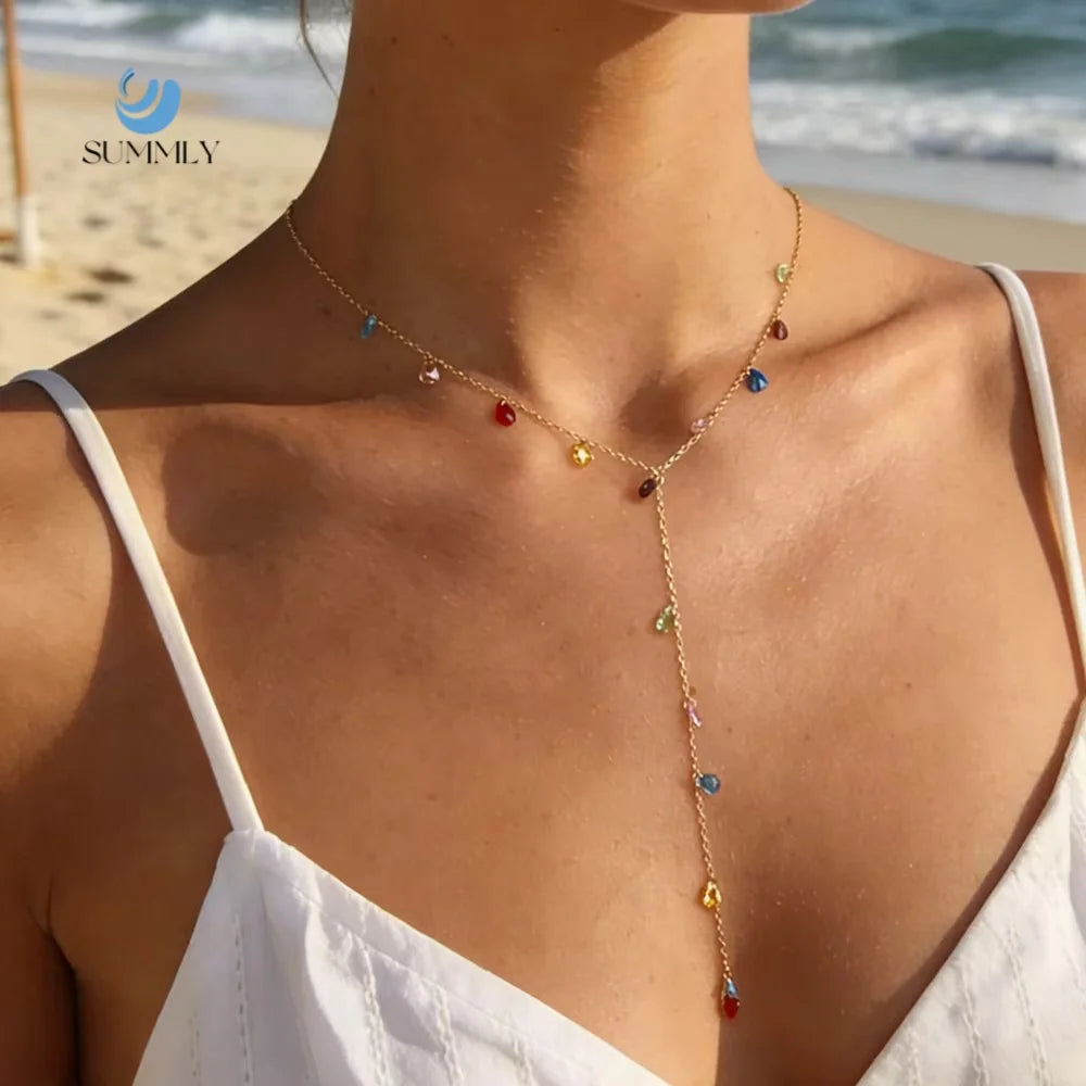 SUMMLY Minimalist Style Colorful Zircon Water Drop Pendant 18K Gold Plated Stainless Steel Chain Necklace Fashion Jewelry