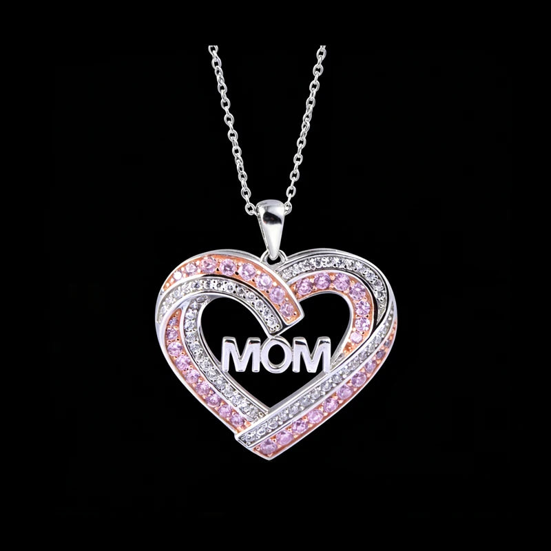 Pink CZ Bling 925 Silver Mothers Day Silver MOM Heart Pendant Necklace Jewelry Gift for Mom