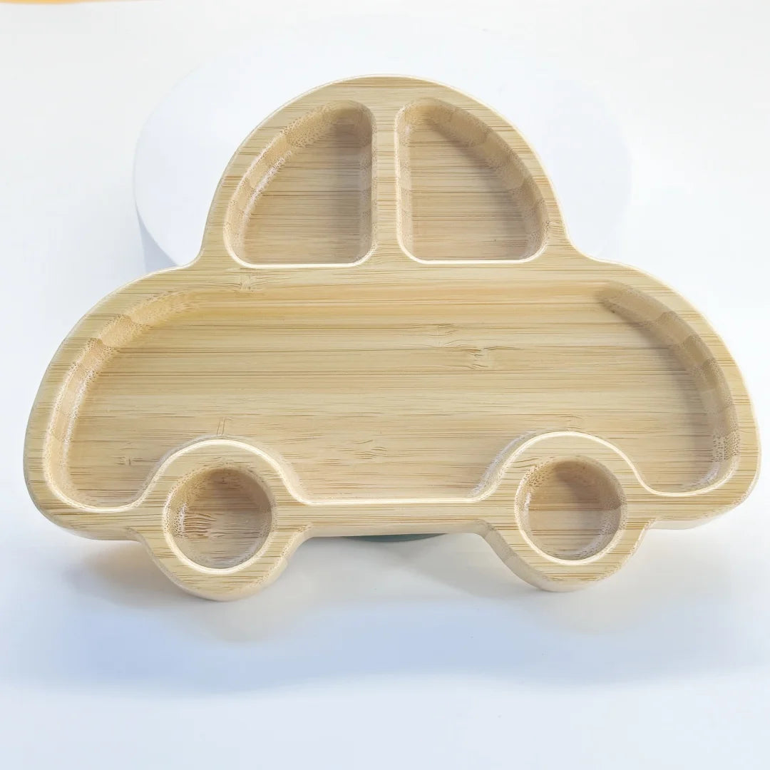 BPA-Free Bamboo Divided Suction Car Plate Kids Dining Toddler Feeding Utensils for Baby Eating