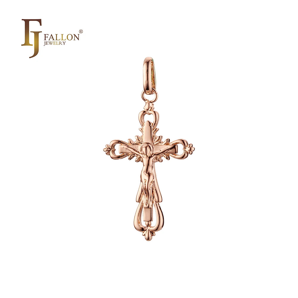 FJ Fallon Fashion Jewelry Catholic Cross Budded Pendant Plated in Rose Gold Brass Based