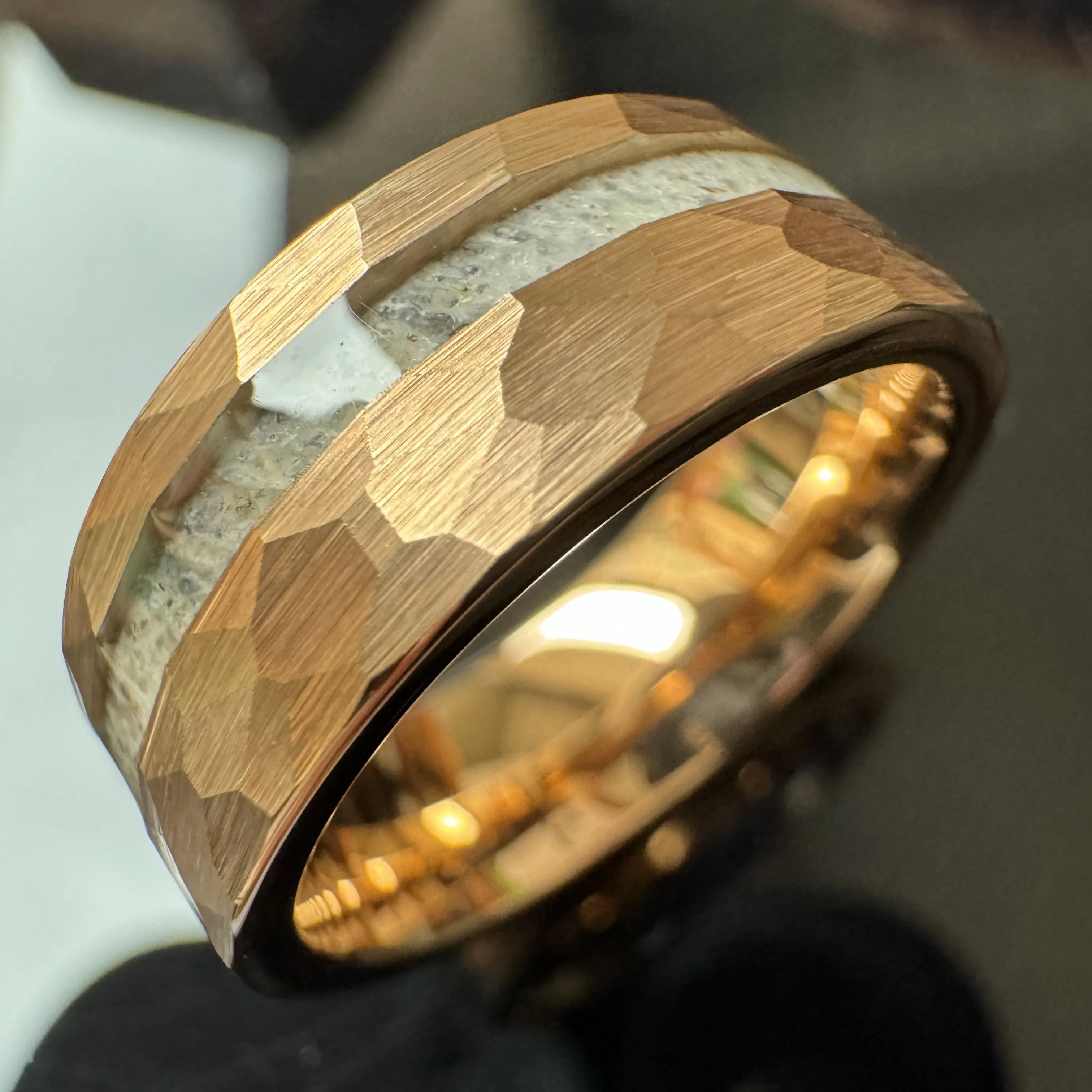 Popular 8MM Rose Gold Plated Hammered Deer Antler Inlay Tungsten Religious Catholic Wedding Band Ring for Women Men Unisex