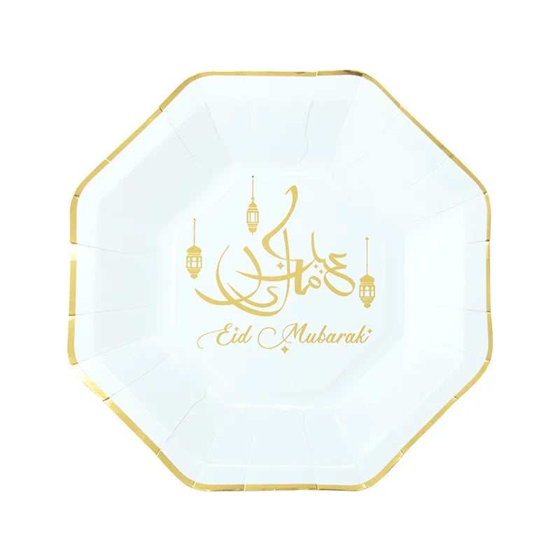616208 Islamic Paper Plate White Gold 9 Inch 23cm Offset Printed Eid Mubarak Ramadan Eid Decoration Party Supplies PartyMaker
