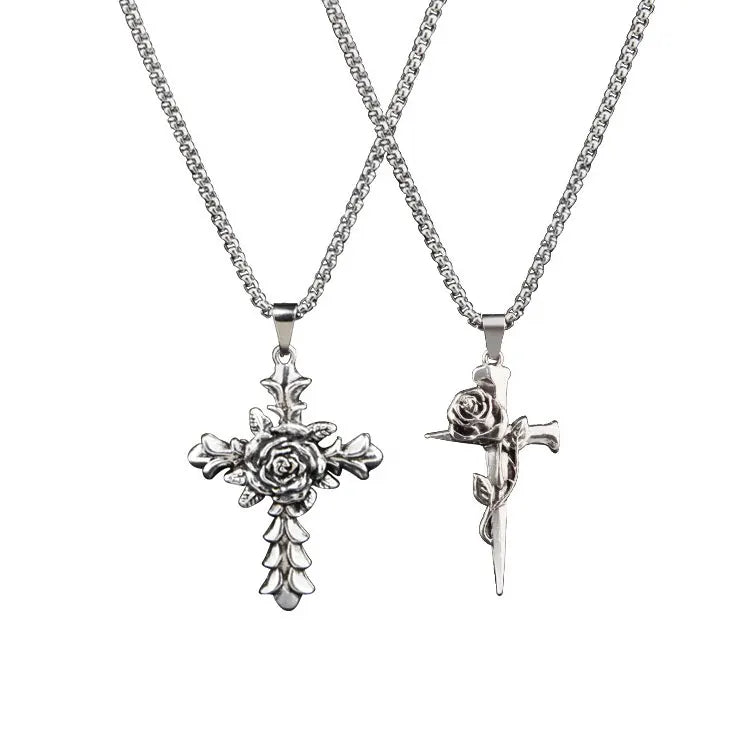 Fashion 60 70cm Long Stainless Steel Square Pearl Chain Necklace Men Retro Punk Thorn Rose Flower Cross Pendant Necklace Women