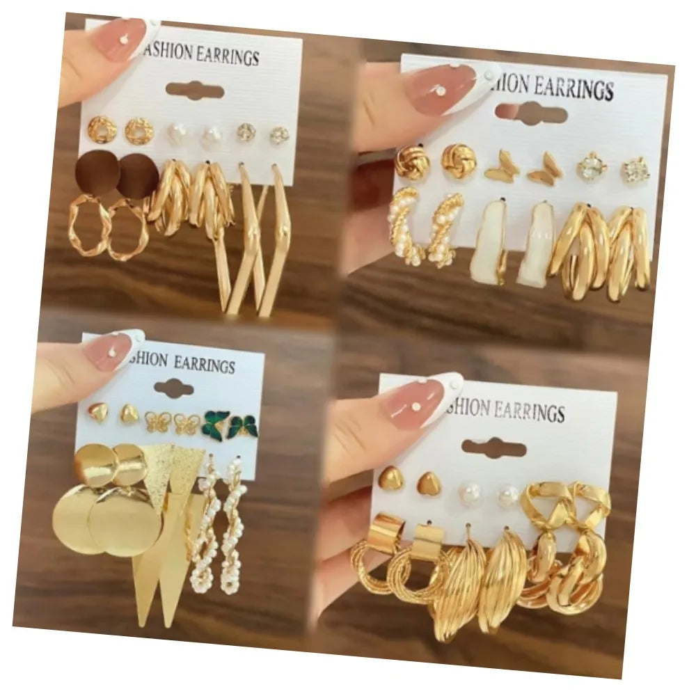 VKME New Fashion Gold Color Geometric Pearl Hoop Butterfly Earrings Set for Women Jewelry