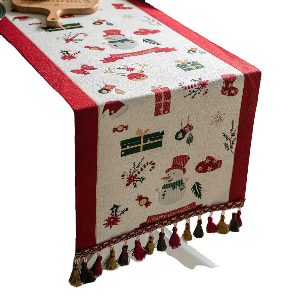 2024 Customized Red Christmas Snowman Tassel Table Runner New Year Home Decor for Party and Restaurant