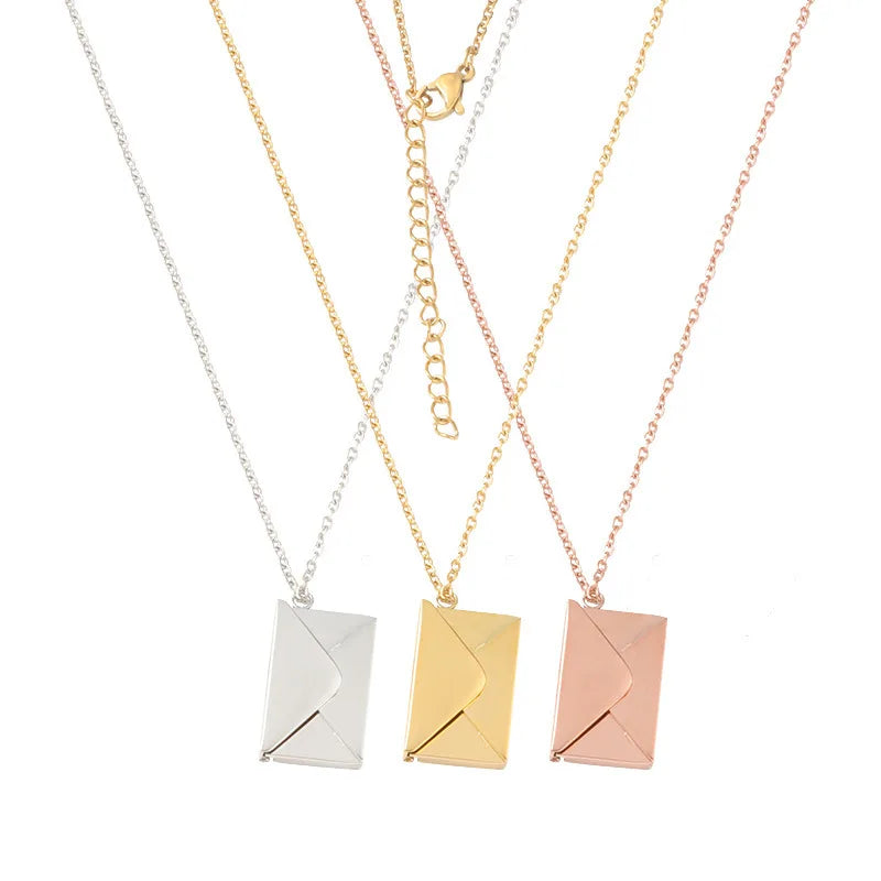 18K Gold Plated Stainless Steel Love Letter Sliver Chocker Envelope Blank Locket Pendant Necklace for Ladies