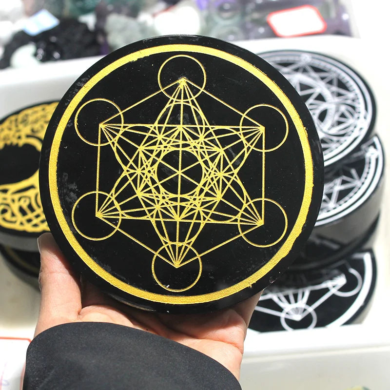 New Arrivals Black Obsidian Coaster Plate with Spiritual and Chakra Symbols Engraved Design 120mm Shangqiong Brand