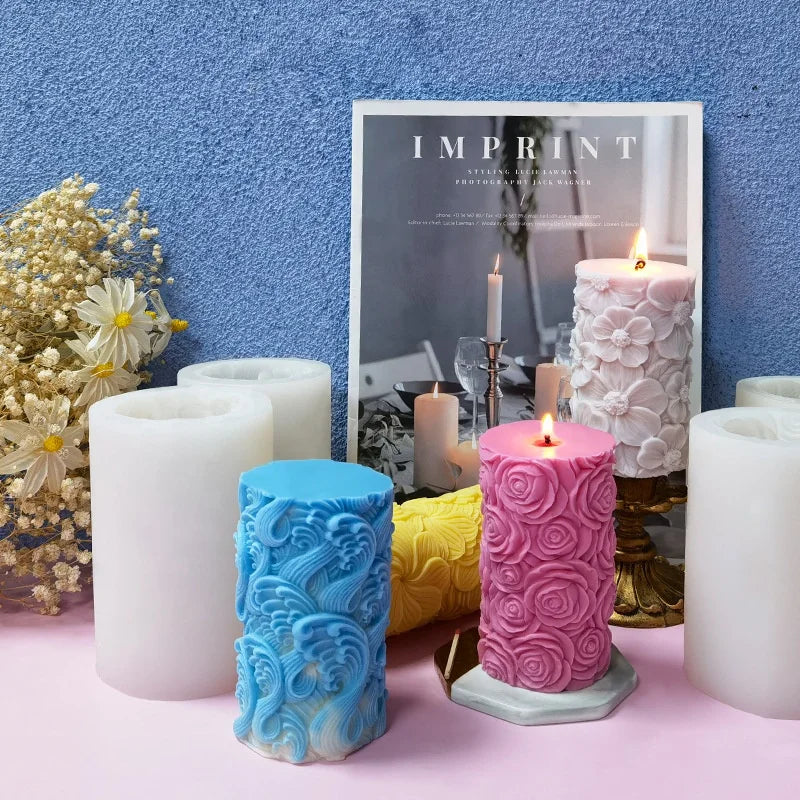 Customize 3D Rose Flower Cylinder Cake Molds Scented Candle Resin Rubber Candle Silicone Mold