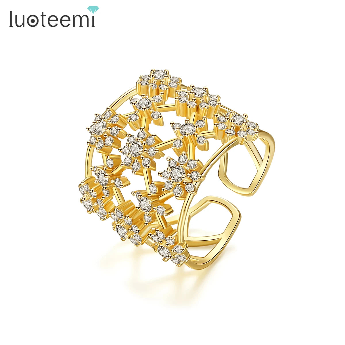 LUOTEEMI Big Diamond Flower Pattern Brass Pave Hollow Mesh Thick Ring