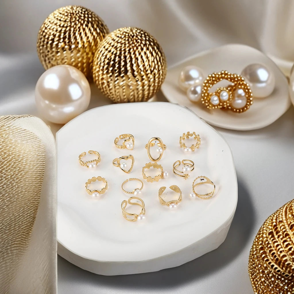 Wholesale Custom Style Pearl Inlaid 18K Gold Plated Stainless Steel Fine Fashion Jewelry Open End Ring for Women