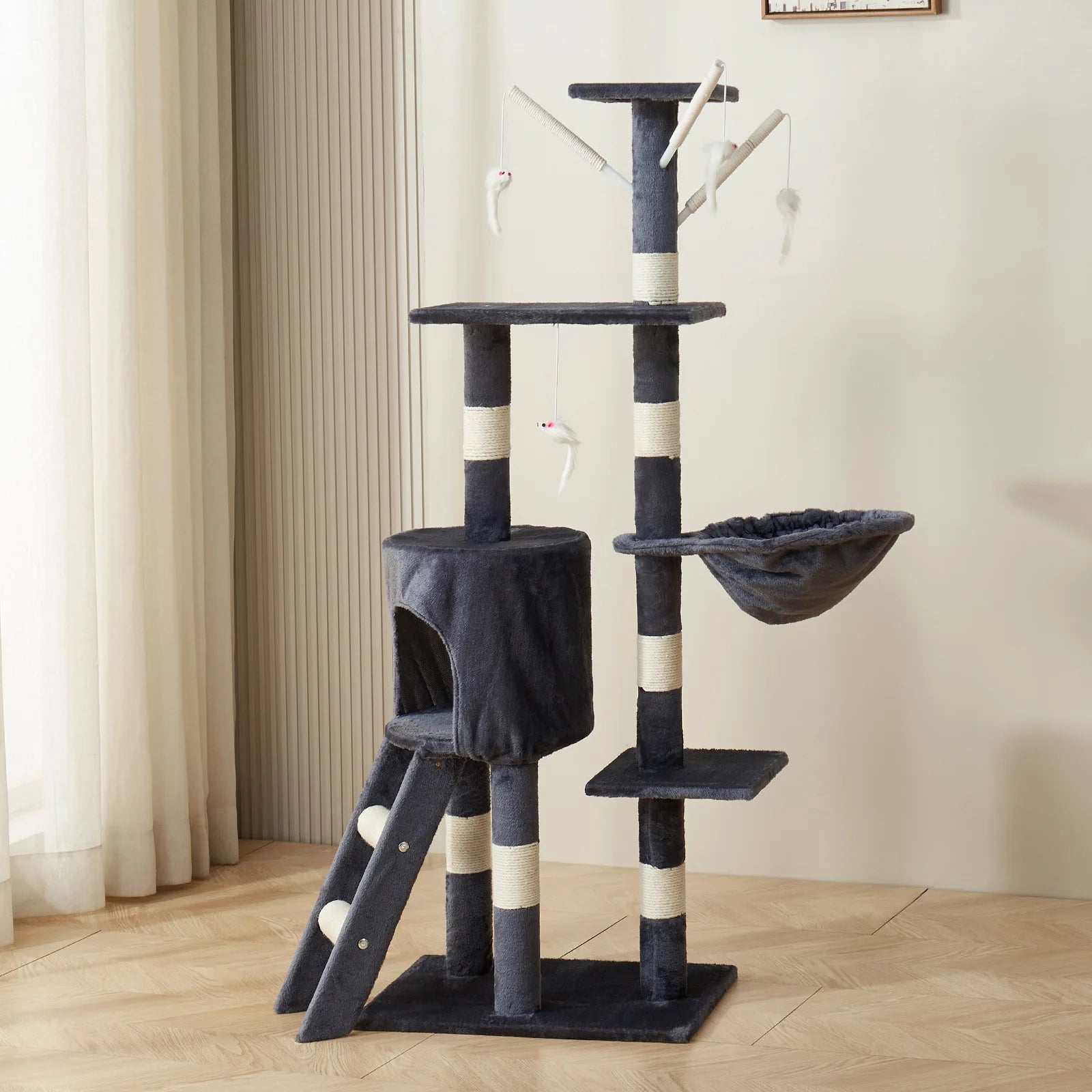 Cat Tower with Plush Mouse Toy Kitten Indoor Climbing Frame Durable Sisal Scratching Post Cat Toy Cat Tree Bed