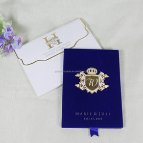 Navy Blue Velvet Hardcover with Acrylic Tag Custom Hot Stamping Gold Mirror Acrylic Wedding Invitation Card