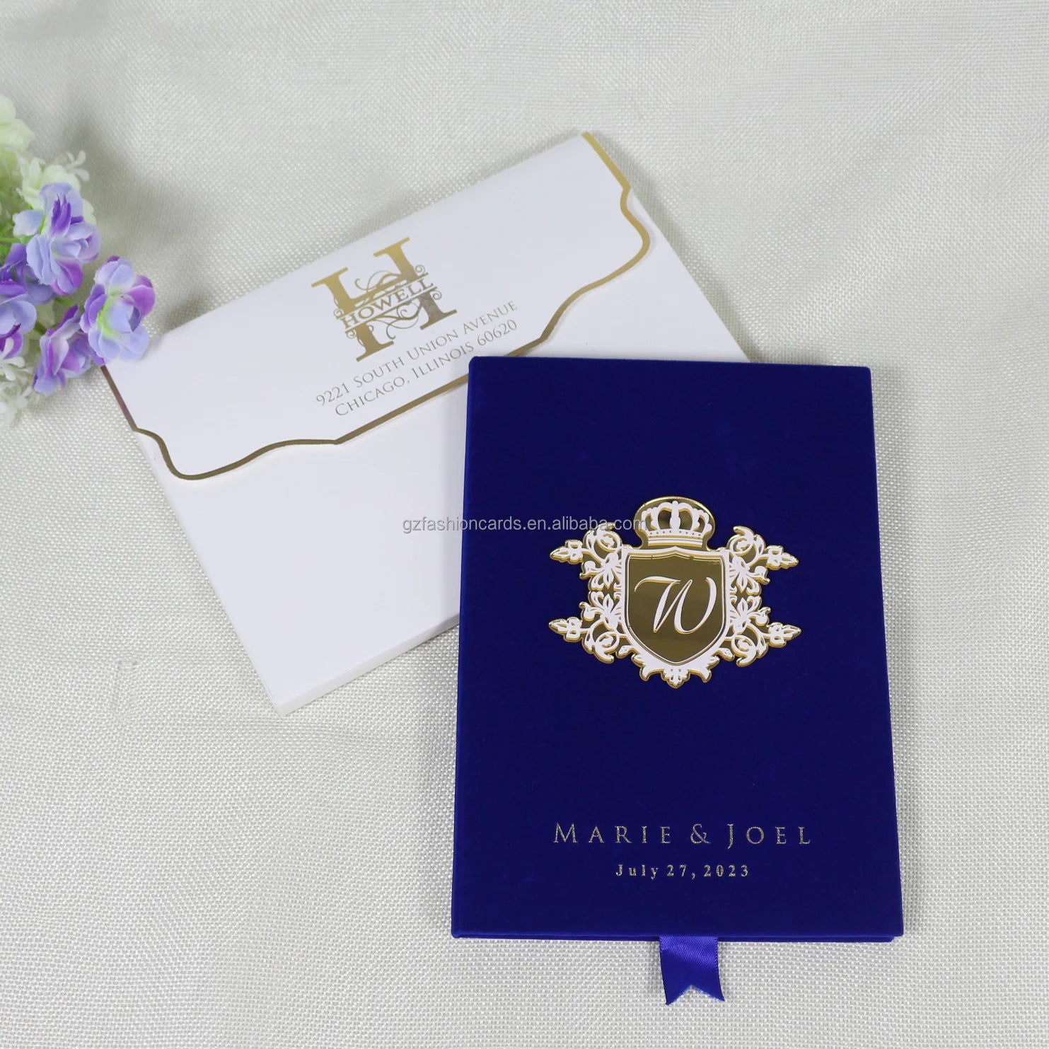 Navy Blue Velvet Hardcover with Acrylic Tag Custom Hot Stamping Gold Mirror Acrylic Wedding Invitation Card