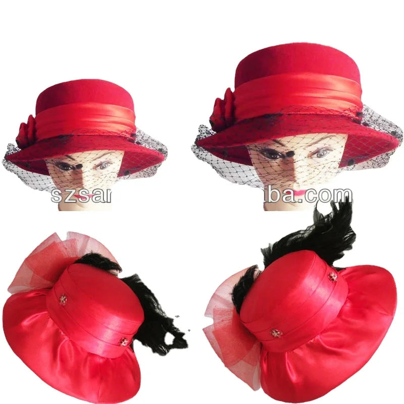 Fashion Red Ladies Fedora Cloche Hat with Flocking & Nail Bead Embroidery 100% Wool Felt SA Brand for Women Wholesale