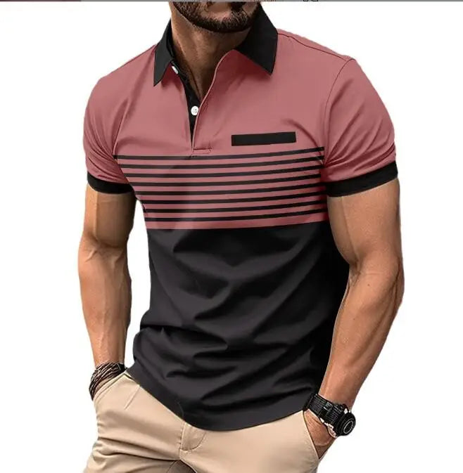 Summer Men's Casual Polo Shirt With Pocket V-neck Button Collar Striped Patchwork Versatile T-shirt