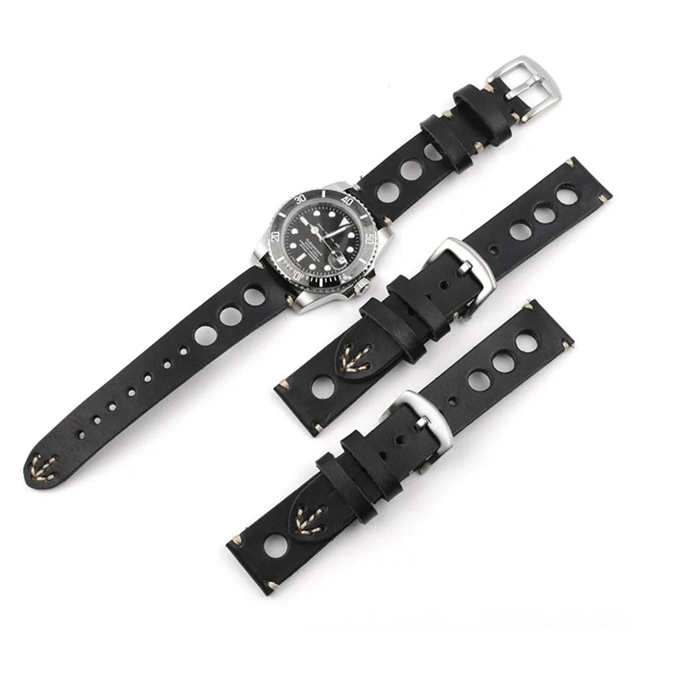 Luxury 3 Holes Racing Vintage Genuine Leather Breathable Watch Band 18/20/22/24mm Quick Release Black Rally Calf Leather