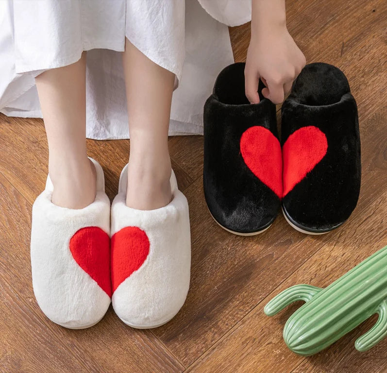 Women Winter Indoor Fashion Slipper Shoes Fur Comfort Fluffy Plush Heart Love Heart Slippers for Valentines Day