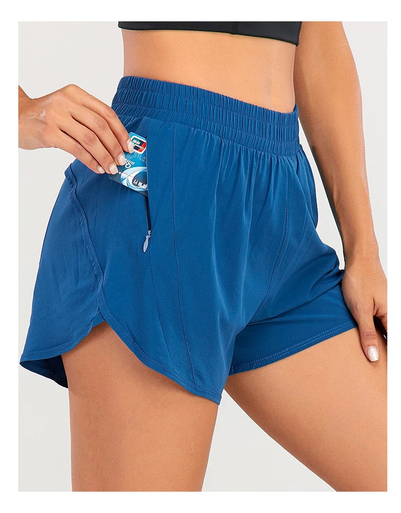Womens Yoga Shorts Pants Quick Dry Polyester Workout Elastic Waist With Pockets Women Sport Running Shorts