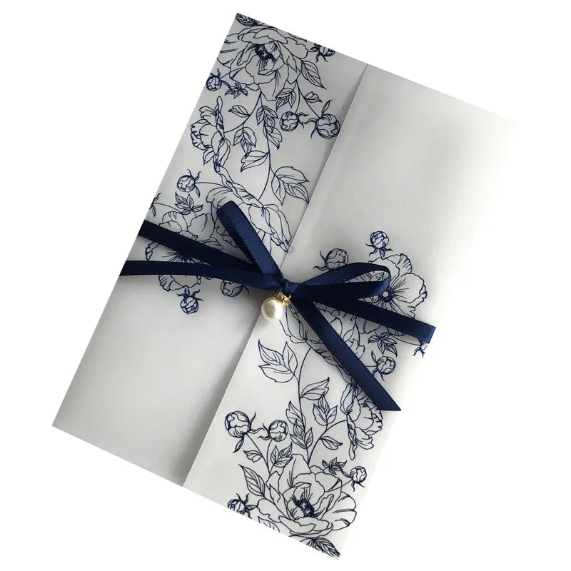 5 X 7 Inch Gold Foiling Printing Flower Design Invitations Translucent Vellum Paper Wedding Invitation Card With Ribbon