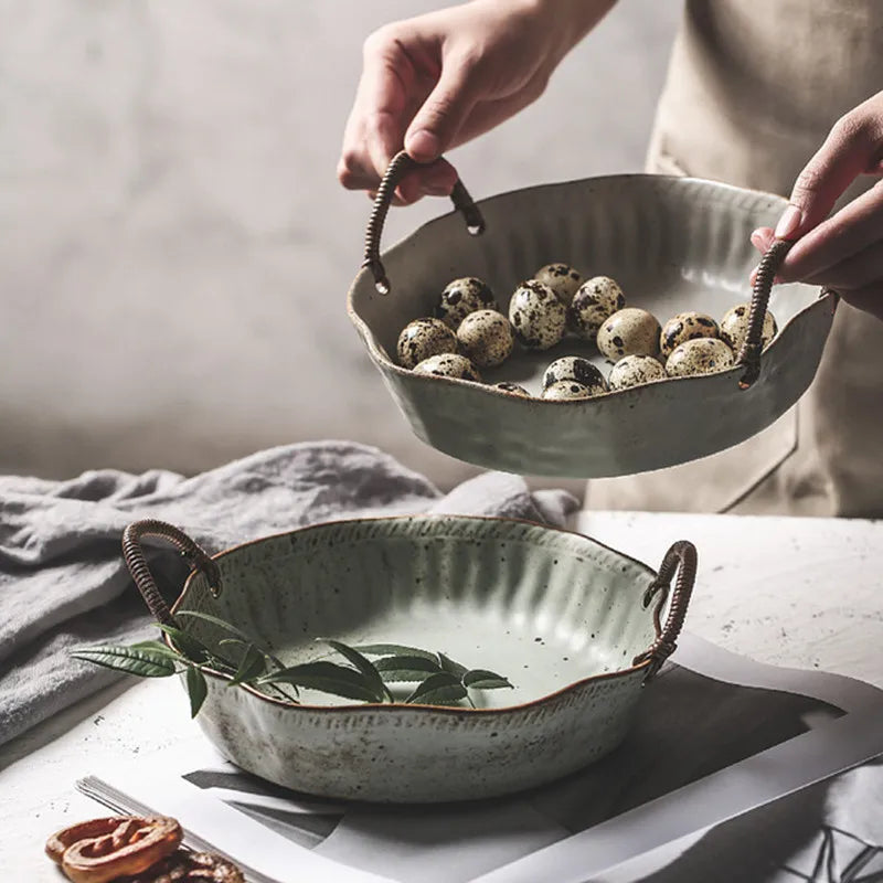 Solhui Handmade Japanese Pottery Household Fruit Bowl Plates With Handles Decoration