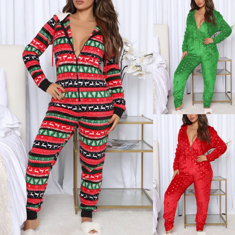 Autumn Hoodie Romper Women Print Winter Jumpsuits Women Christmas Jumpsuits