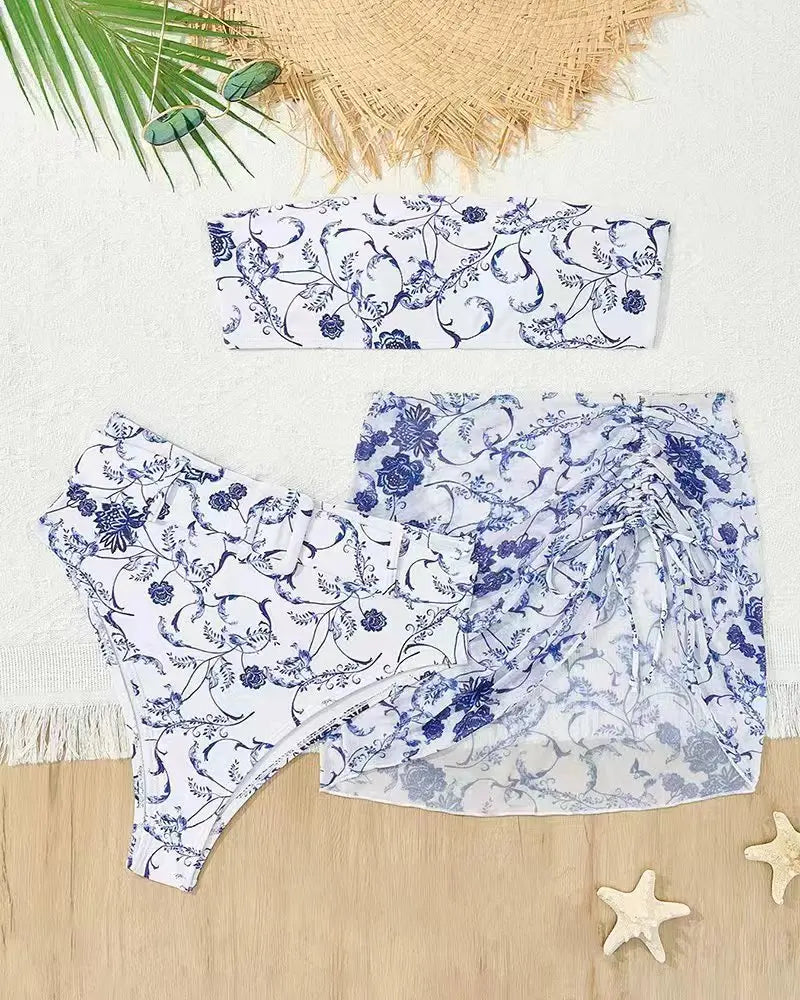 European American Custom Women's Three-piece Bandeau Bikini Set with Handmade High Waist Swimsuit 2025