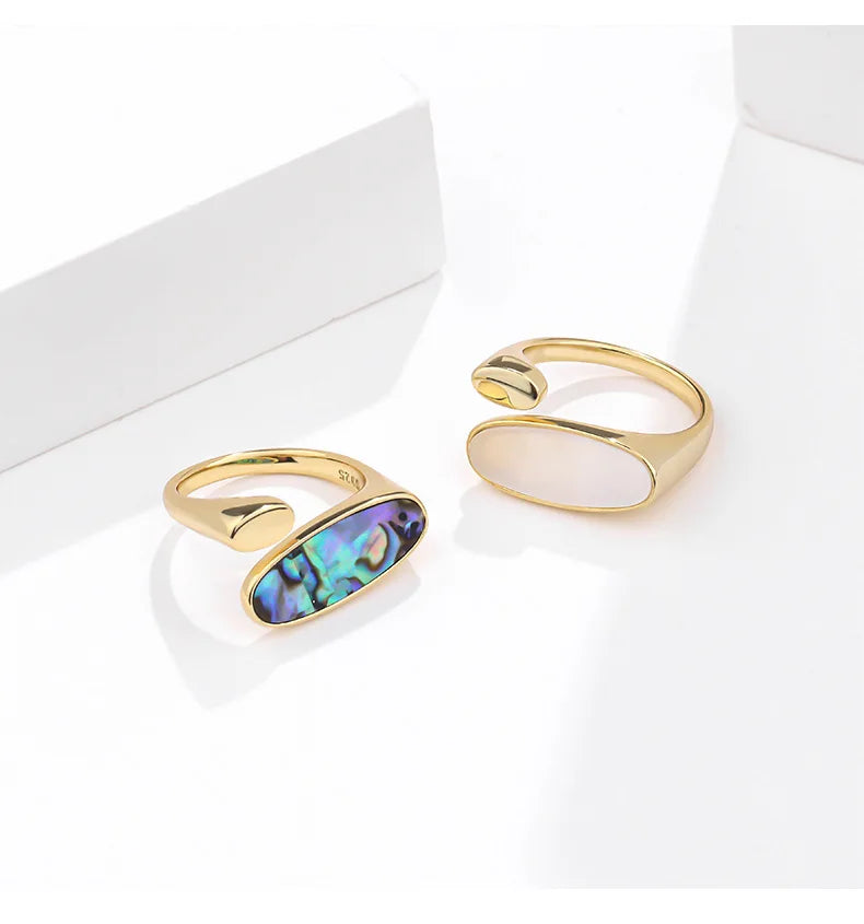 VIANRLA 925 Sterling Silver Oval Shape Mother of Pearl Ring and Abalone Ring