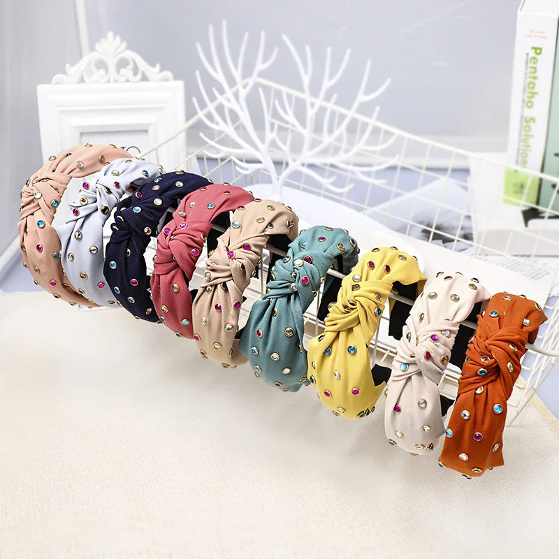 Fashion Multi-color Fabric Rhinestone Designer Knotted Headband for Girls Hair Bands Accessories 2025 Wholesale