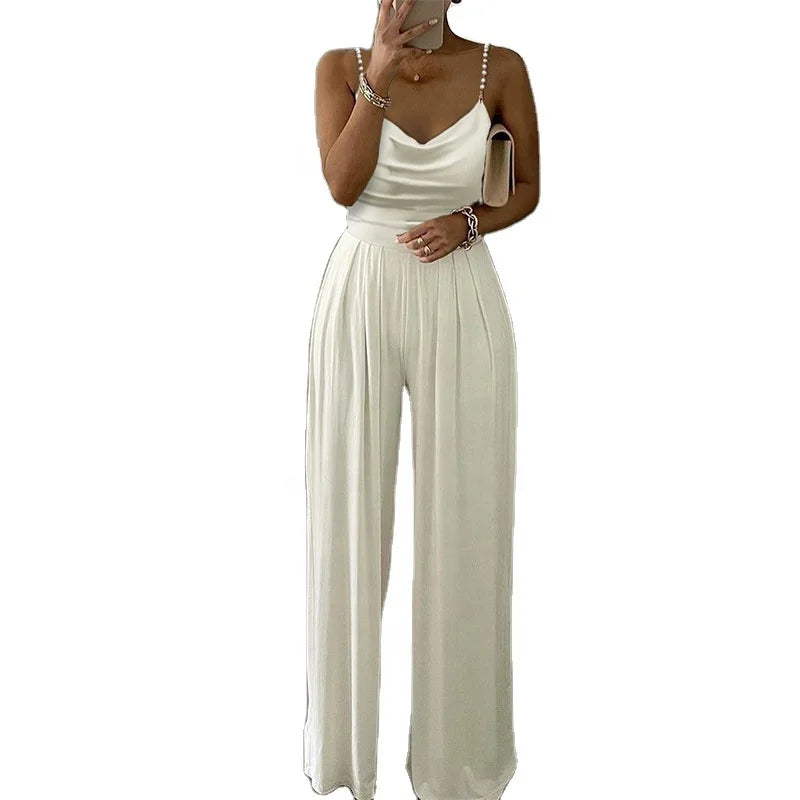 New Pearl Suspenders Wide Leg Sleeveless V-Neck Backless Pants Jumpsuit  Backless Pants Jumpsuit