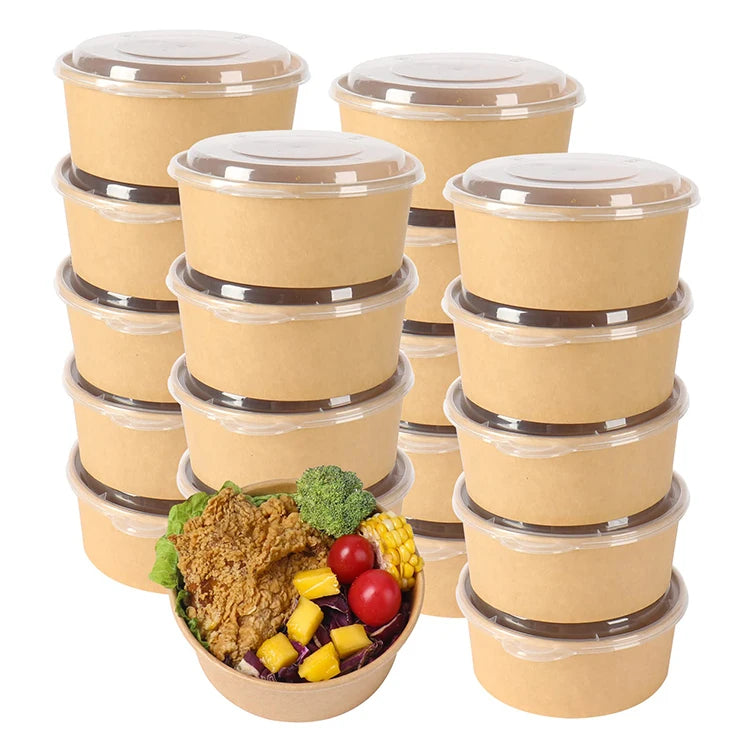 Brown Biodegradable Disposable Fast Food Takeaway Kraft Paper Salad Bowl with Clear Plastic Lid for Fresh Fruit Yogurt Soup