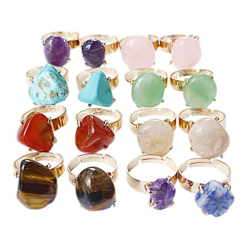 2022 New Single Stone Ring Designs Gold Plated Gem Stone Rings Crystal Amethyst Adjustable Ring for Women