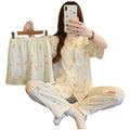 DDP Fashion Women's Pajamas Three-piece Sleepwear Set Sweet Print Long Sleeve Long Pants Ladies Nighty Home Wear