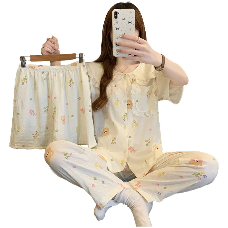 DDP Fashion Women's Pajamas Three-piece Sleepwear Set Sweet Print Long Sleeve Long Pants Ladies Nighty Home Wear