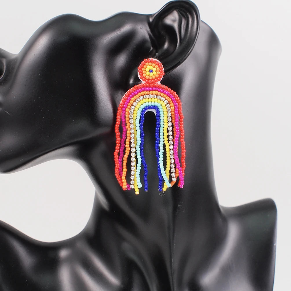 HANSIDON Summer Fashion Boho Rainbow Colored Rhinestone Earrings Statement Resin Beads Long Tassel Drop Earrings Women Accessory