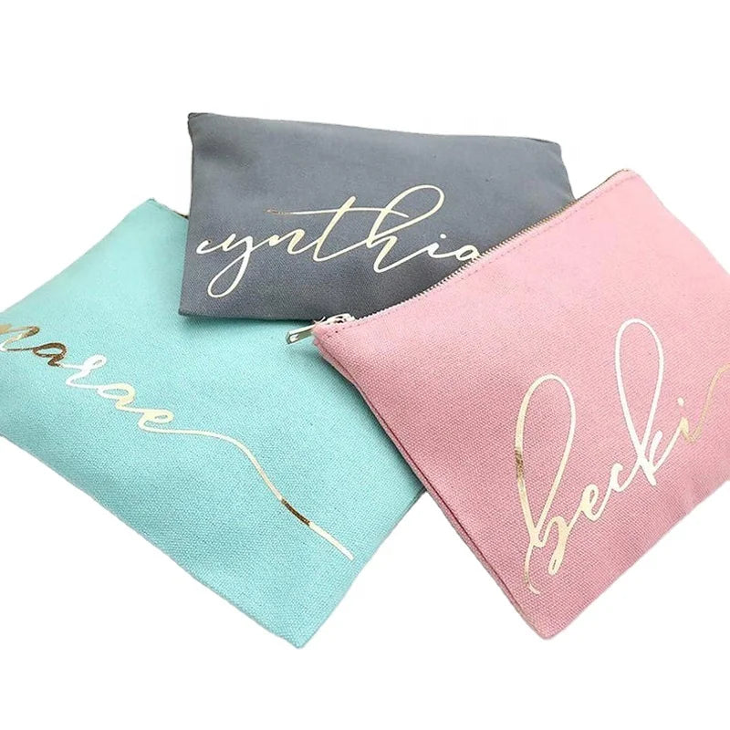 Wholesale Blank Bridesmaid Gifts Blank Reusable Cotton Canvas Makeup Pouches Cosmetic Bag With Golden Zipper