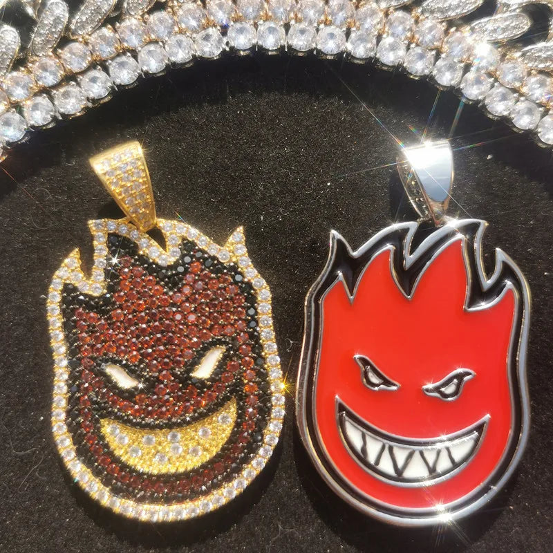 Men's Hip Hop Rock Punk Jewelry New Cartoon Two-sided Flame Boy Fire Wheels Pendant Necklace for Men Women Rapper