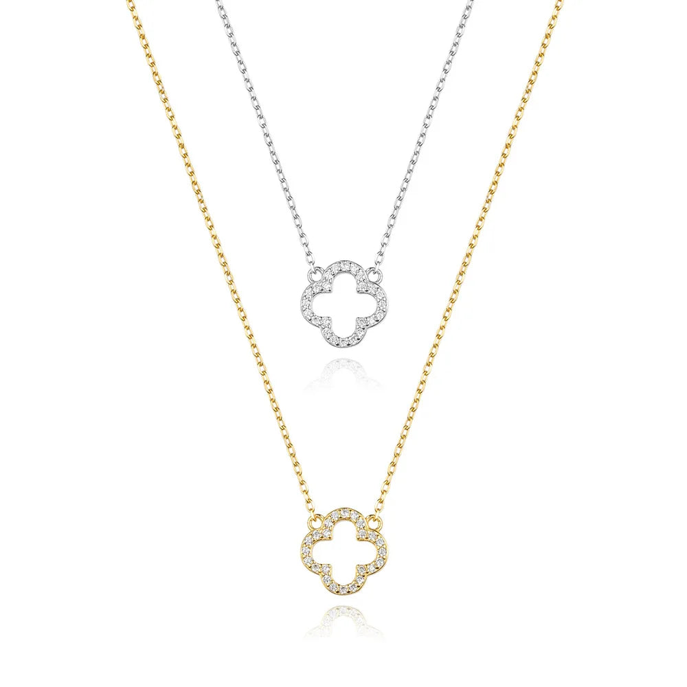 Daidan Necklace Gold Plated 18K Elegant Pendant Zircon Clover Hollow Four Leaf Clover Sterling Silver Necklace