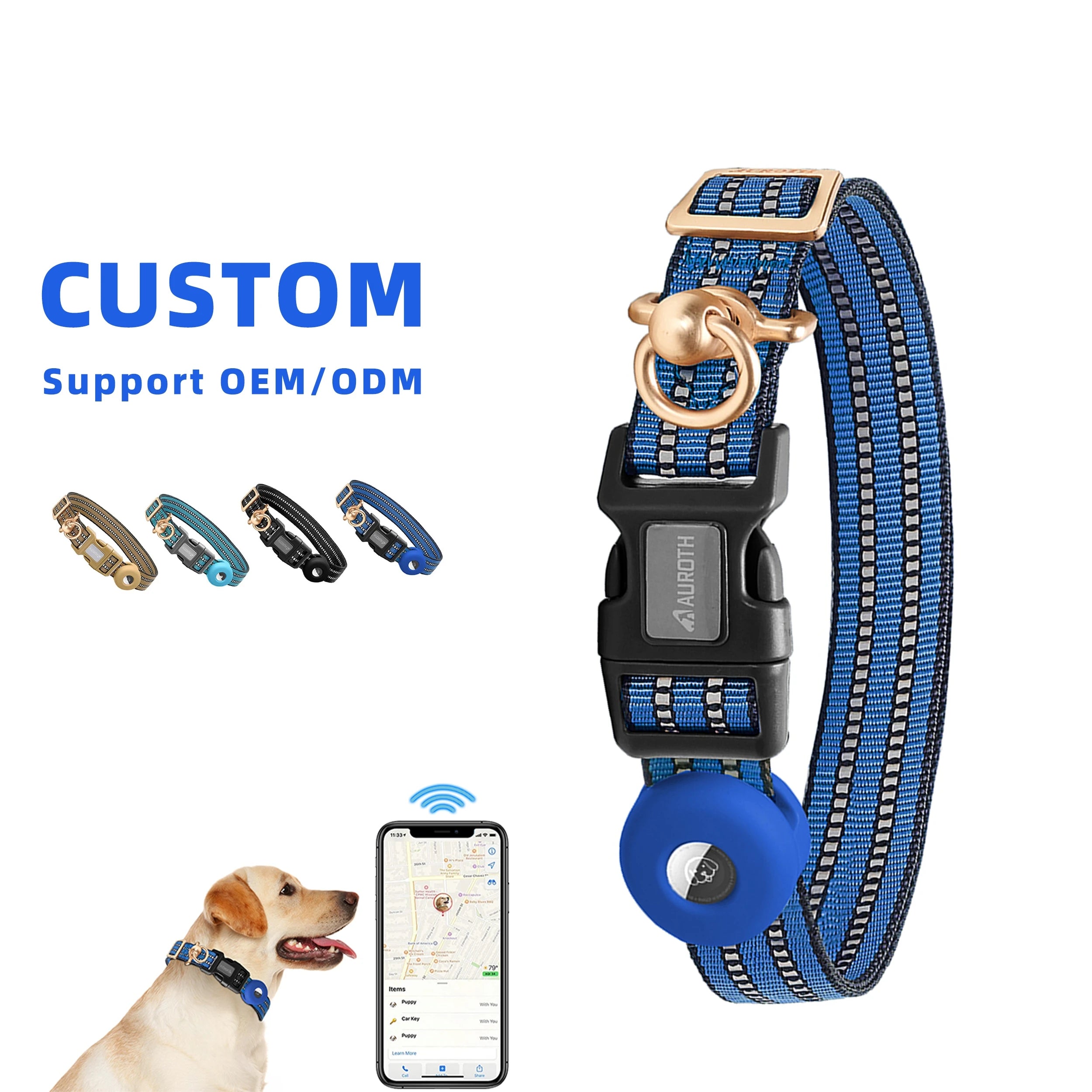Blue Reflective Waterproof Air Tag Pet Collar Nylon Adjustable Tactical Training GPS Tracking Dog Collar with Airtag Holder