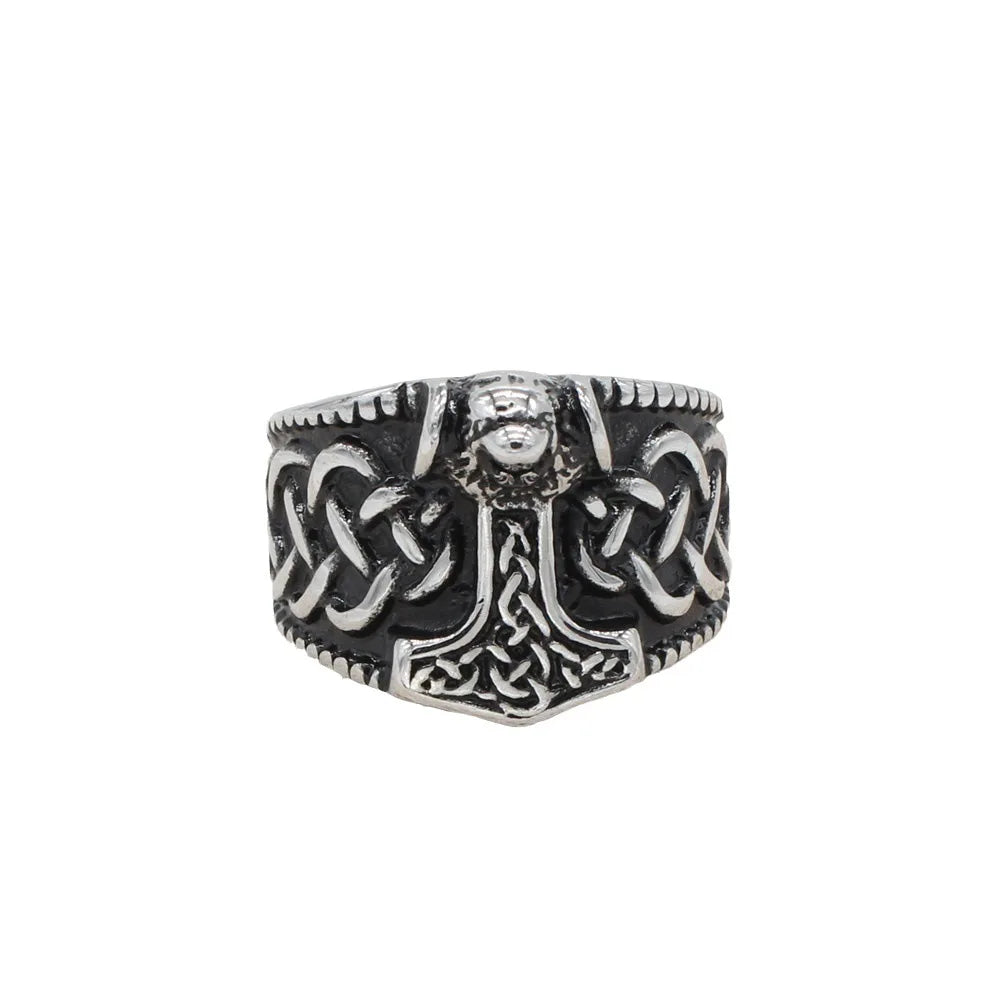 Viking Forged Men 316L Stainless Steel Personalised Ring for Men Vintage Thor's Hammered Chunky Ring Norse Amulet Jewelry Gifts