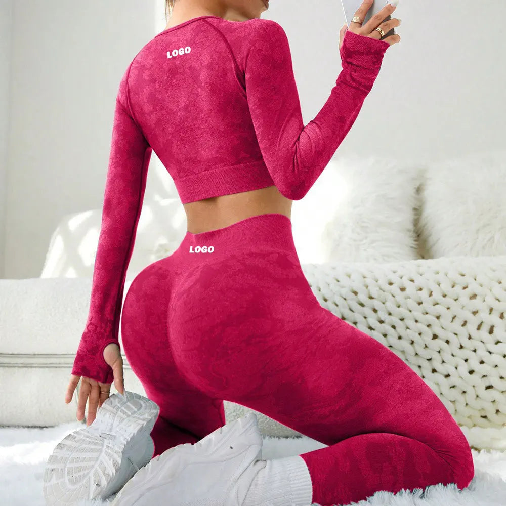 2PCS Custom Seamless  Camo Yoga Sets Workout Running Yoga Wear Long Sleeves Tops Push up Leggings Sportswear Gym Fitness Sets