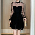 ZYHT 21445 Full Sleeves Plus Size Elegant Black Velvet Dots Transparent Prom Party Dinner Winter Dress for Women