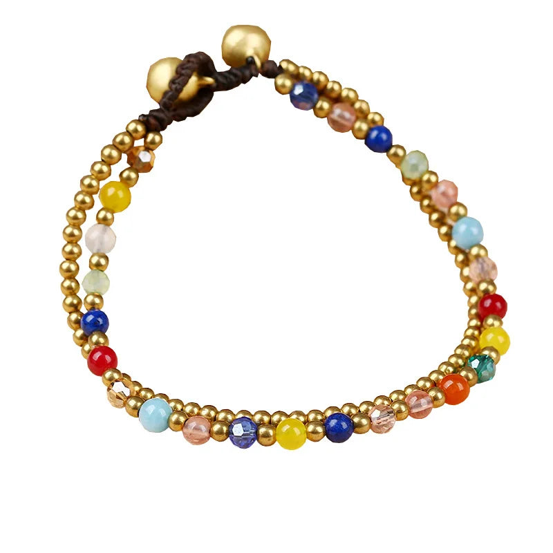 Bohemian Style Multi-Layer Bracelet with Turquoise Semi-Precious Stones Wax Rope Copper Bells Colorful Copper Beads