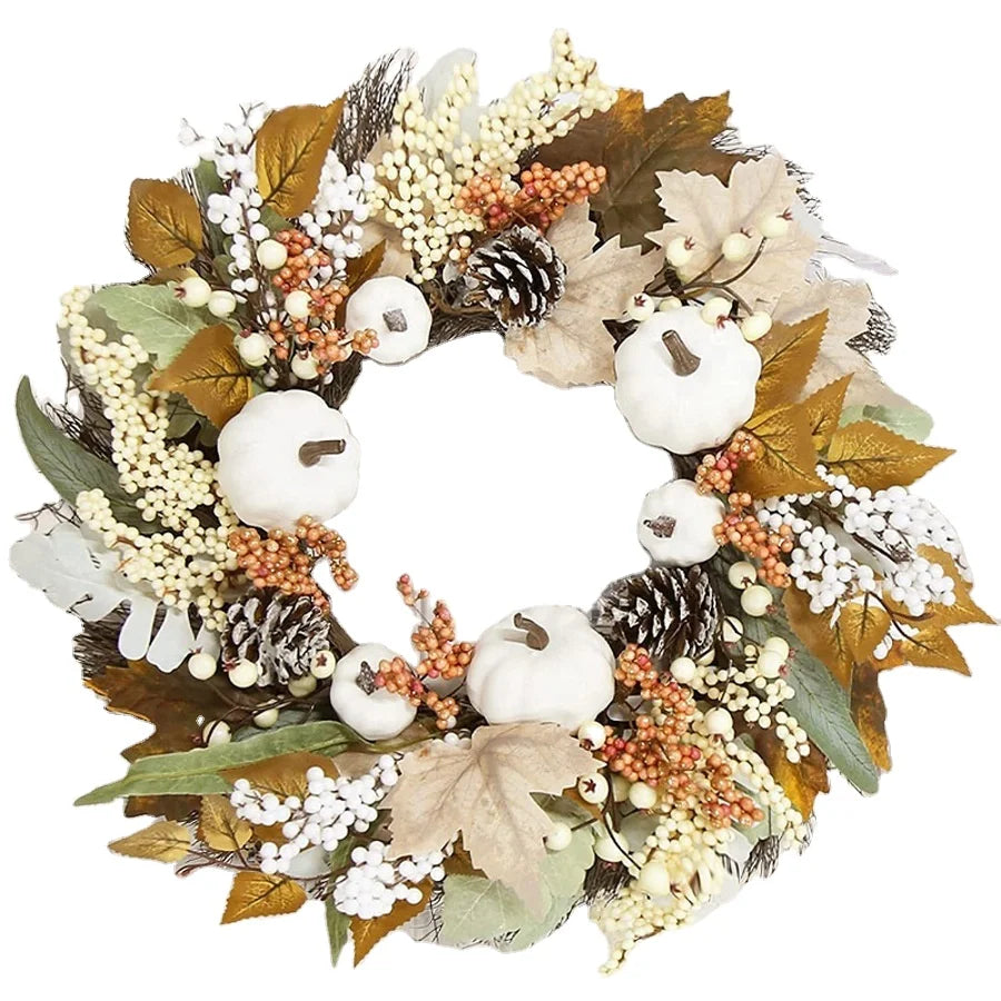 Thanksgiving Plastic Maple Leaf Pine Cone White Pumpkin Wreath Multi-Size Outdoor Wall Hanging Door Decoration