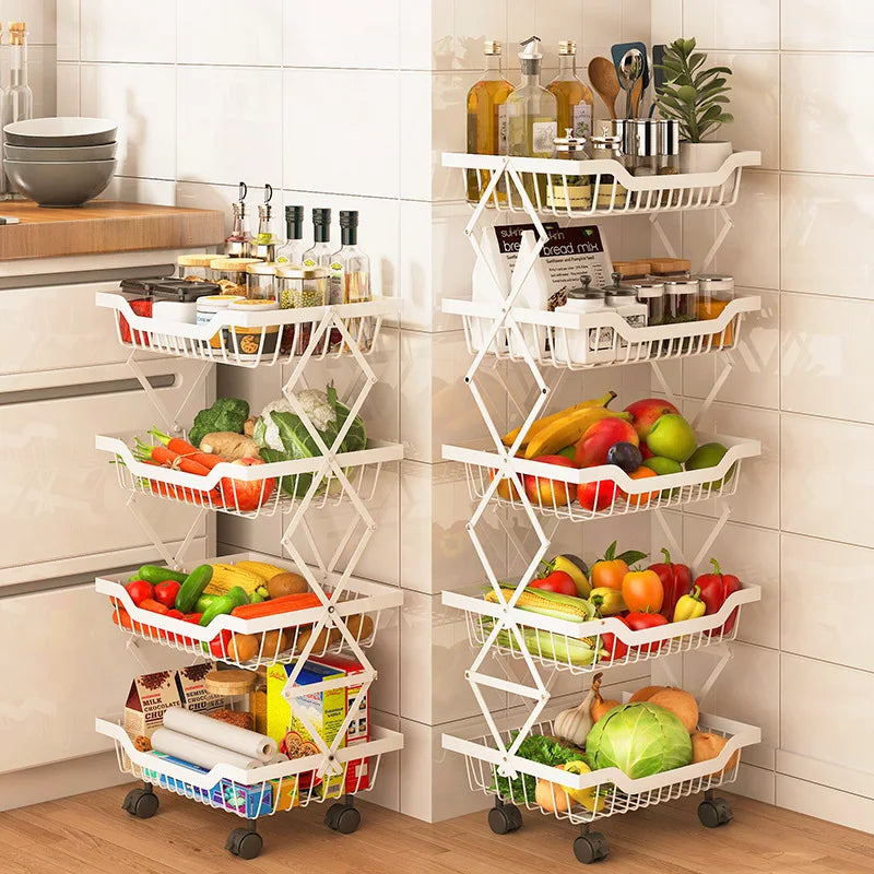 Metal Foldable Kitchen Fruit and Vegetable Storage Rack Floor-Standing Rotatable for Living Room Bedroom or Groceries